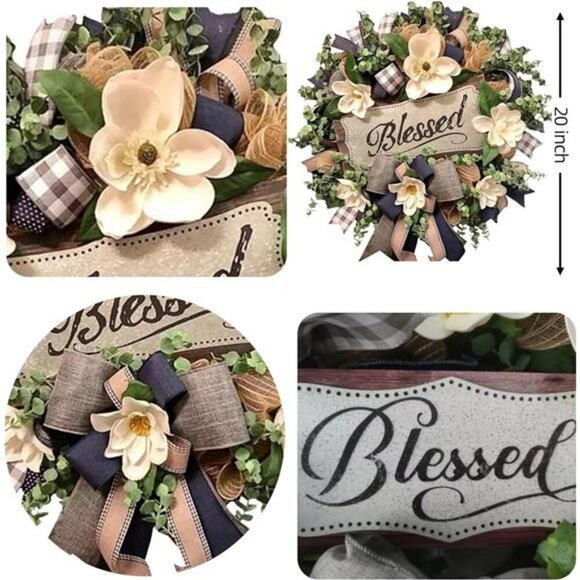 Magnolia front door wreath farmhouse decor buffalo plaid summer porch hanger - Picture 7 of 8